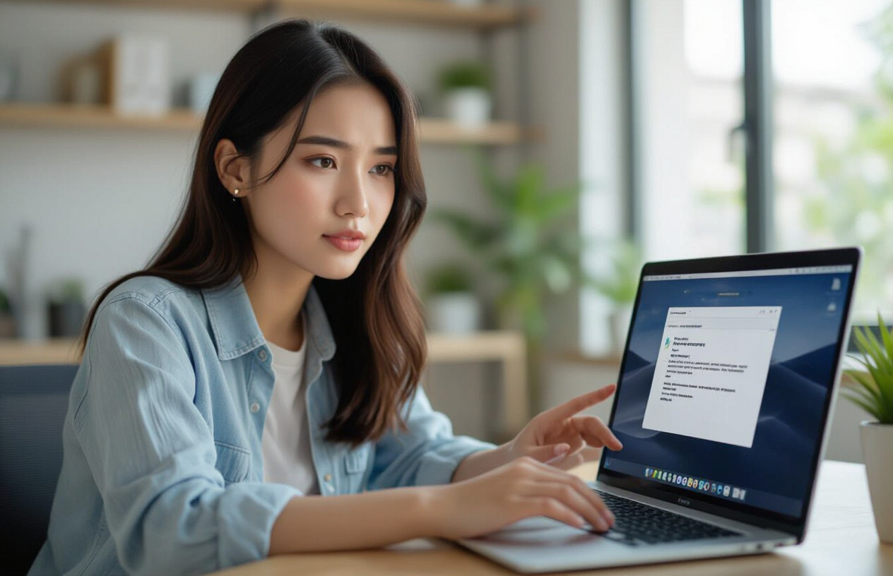 Một Người Phụ Nữ Việt Nam Cẩn Trọng Xem Xét Một Email Trên Máy Tính, Biểu Hiện Sự Nghi Ngờ Về Tính Xác Thực Của Nó.