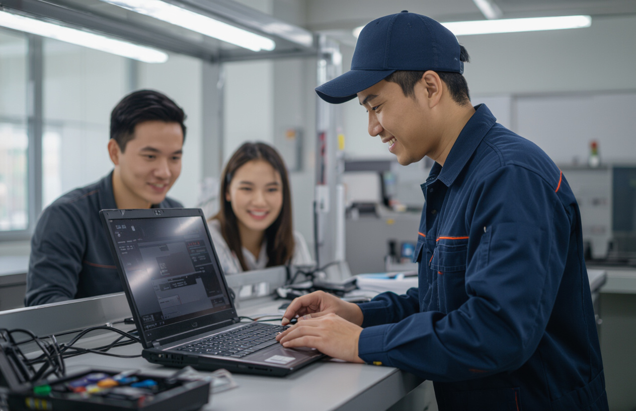 Một Kỹ Thuật Viên Máy Tính Bến Tre Đang Kiểm Tra Hoặc Tư Vấn Về Tình Trạng Pin Laptop Cho Khách Hàng, Thể Hiện Dịch Vụ