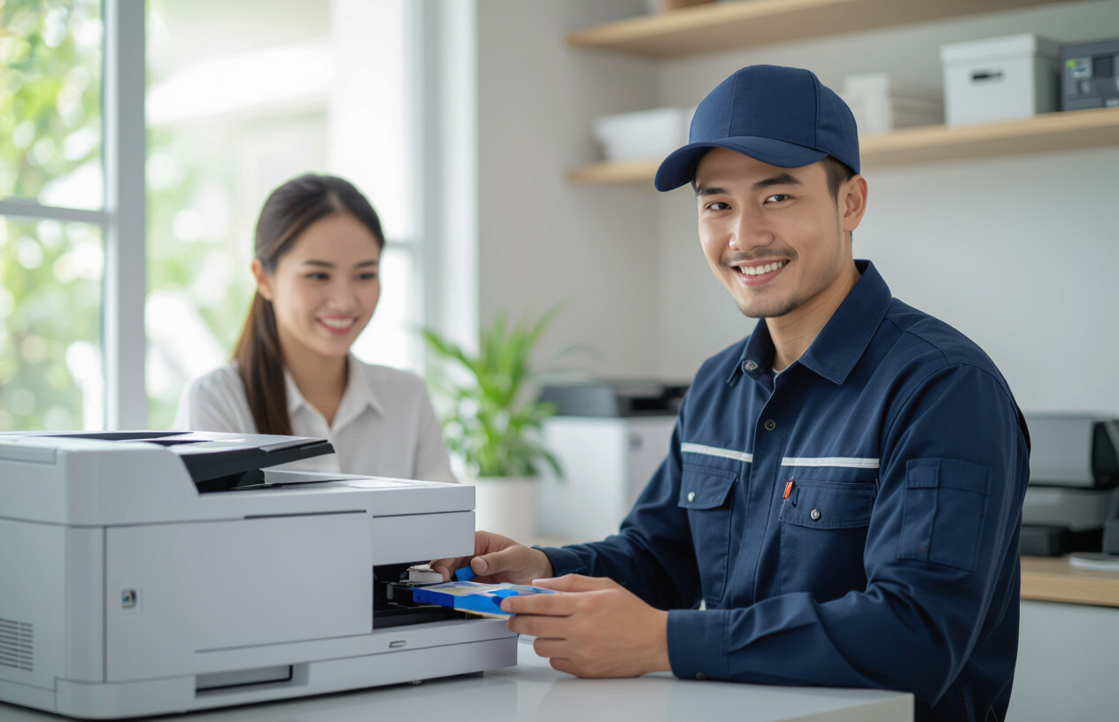 Kỹ Thuật Viên Máy Tính Bến Tre Đang Bơm Mực In Chuyên Nghiệp Tại Nhà Khách Hàng Ở Lộc Thuận.