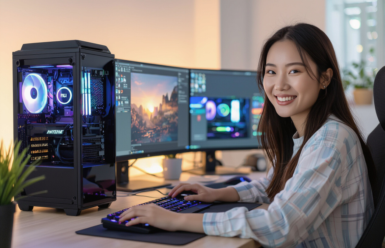 Khách Hàng Vui Vẻ Sử Dụng Pc Đồ Họa Mới Được Lắp Ráp Bởi Máy Tính Bến Tre.