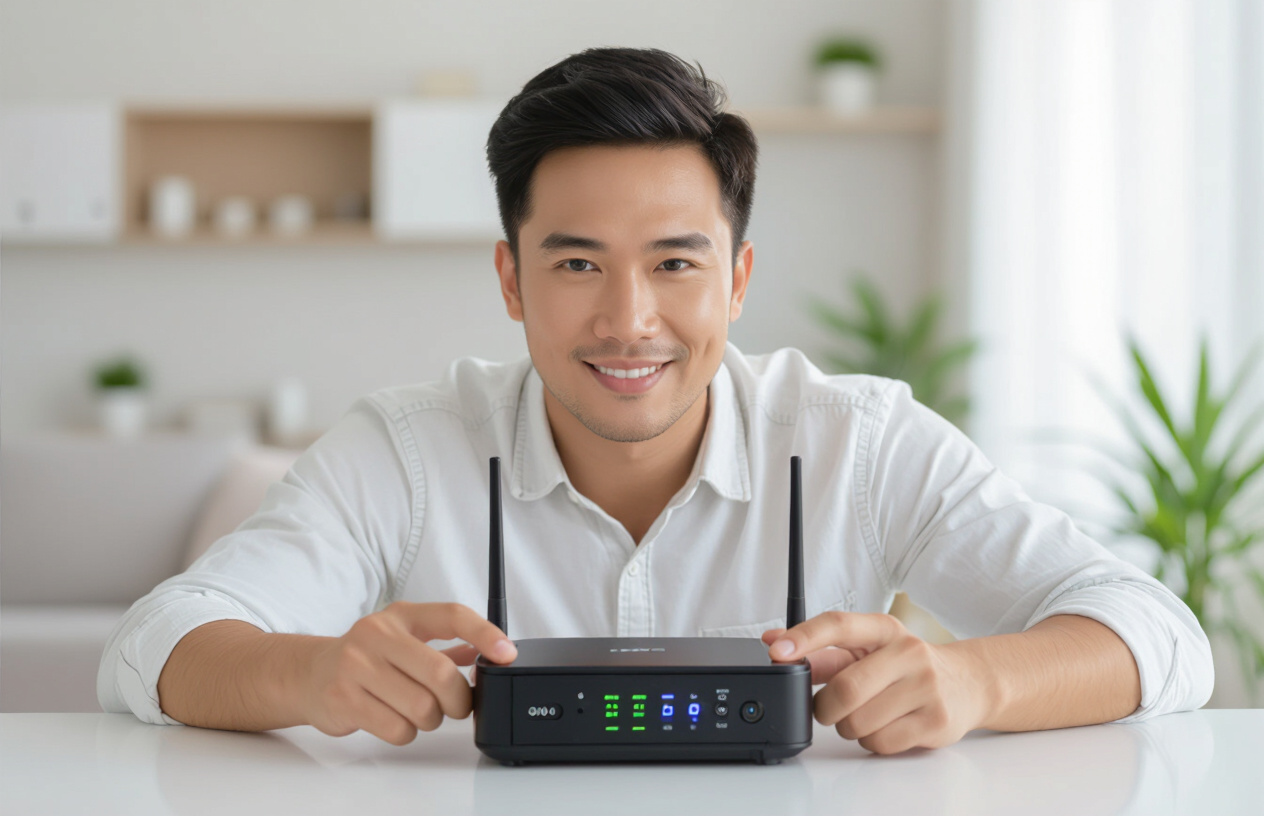 Một Người Đàn Ông Việt Nam Đang Khởi Động Lại Router Wifi Để Khắc Phục Lỗi Chấm Than Vàng.