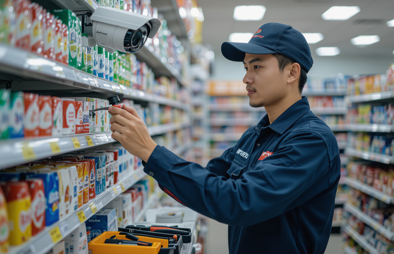 Kỹ Thuật Viên Máy Tính Bến Tre Đang Kiểm Tra Hệ Thống Camera An Ninh Tại Một Cửa Hàng.