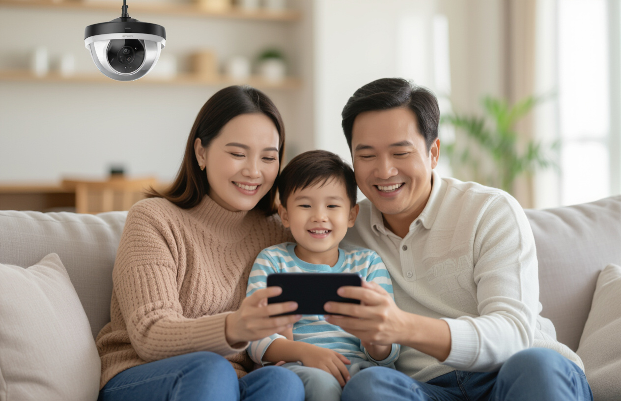 Một Gia Đình Việt Nam Vui Vẻ Xem Lại Cảnh Quay Camera Trên Điện Thoại Di Động, Thể Hiện Sự An Tâm.