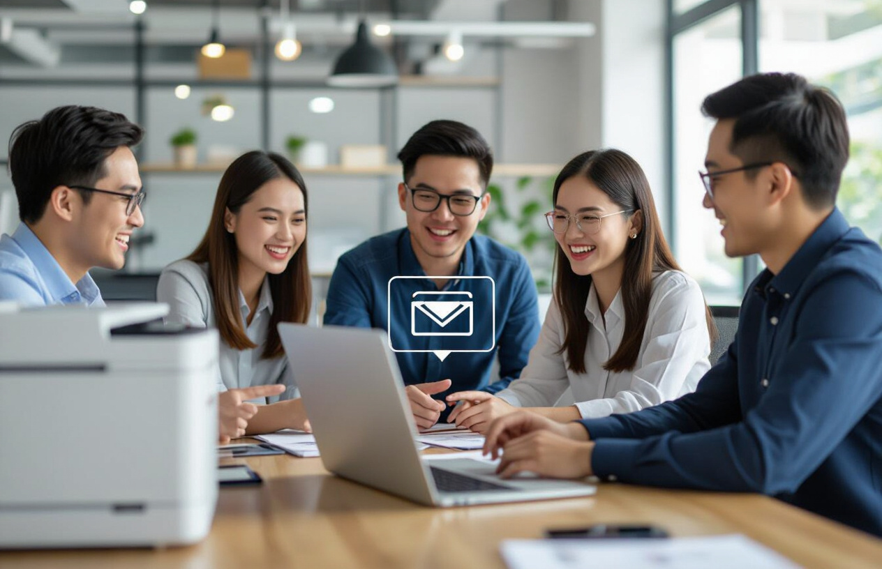 Hình Ảnh Nhóm Nhân Viên Văn Phòng Bến Tre Đang Vui Vẻ Kết Nối Máy In Mạng Thành Công, Thể Hiện Sự Hợp Tác Và Hiệu Quả.