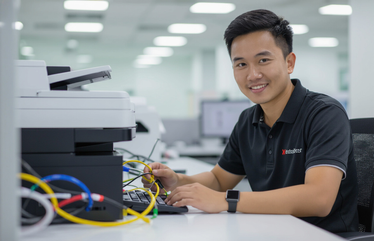 Chuyên Viên Máy Tính Bến Tre Đang Tận Tình Kiểm Tra Cáp Mạng Và Máy In, Thể Hiện Sự Chuyên Nghiệp Trong Dịch Vụ.