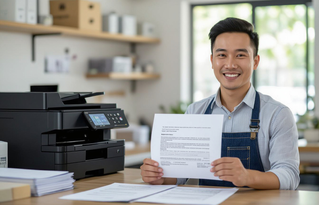 Chủ Doanh Nghiệp Nhỏ Tại Bến Tre Nở Nụ Cười Hài Lòng Khi Máy In Mạng Hoạt Động Trơn Tru, Mang Lại Hiệu Quả Công Việc.