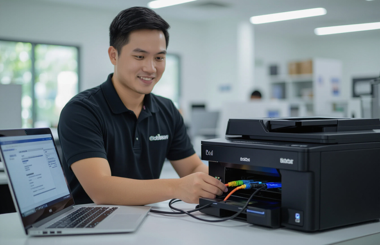 Kỹ Thuật Viên Máy Tính Bến Tre Đang Kết Nối Máy In Brother Vào Mạng Văn Phòng Tại Ba Tri.
