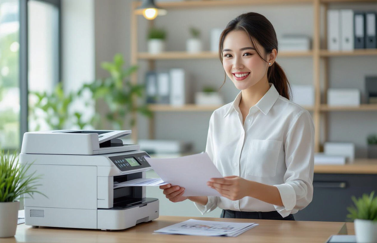 Một Người Phụ Nữ Việt Nam Đang In Tài Liệu Từ Máy In Mạng Brother Một Cách Dễ Dàng.