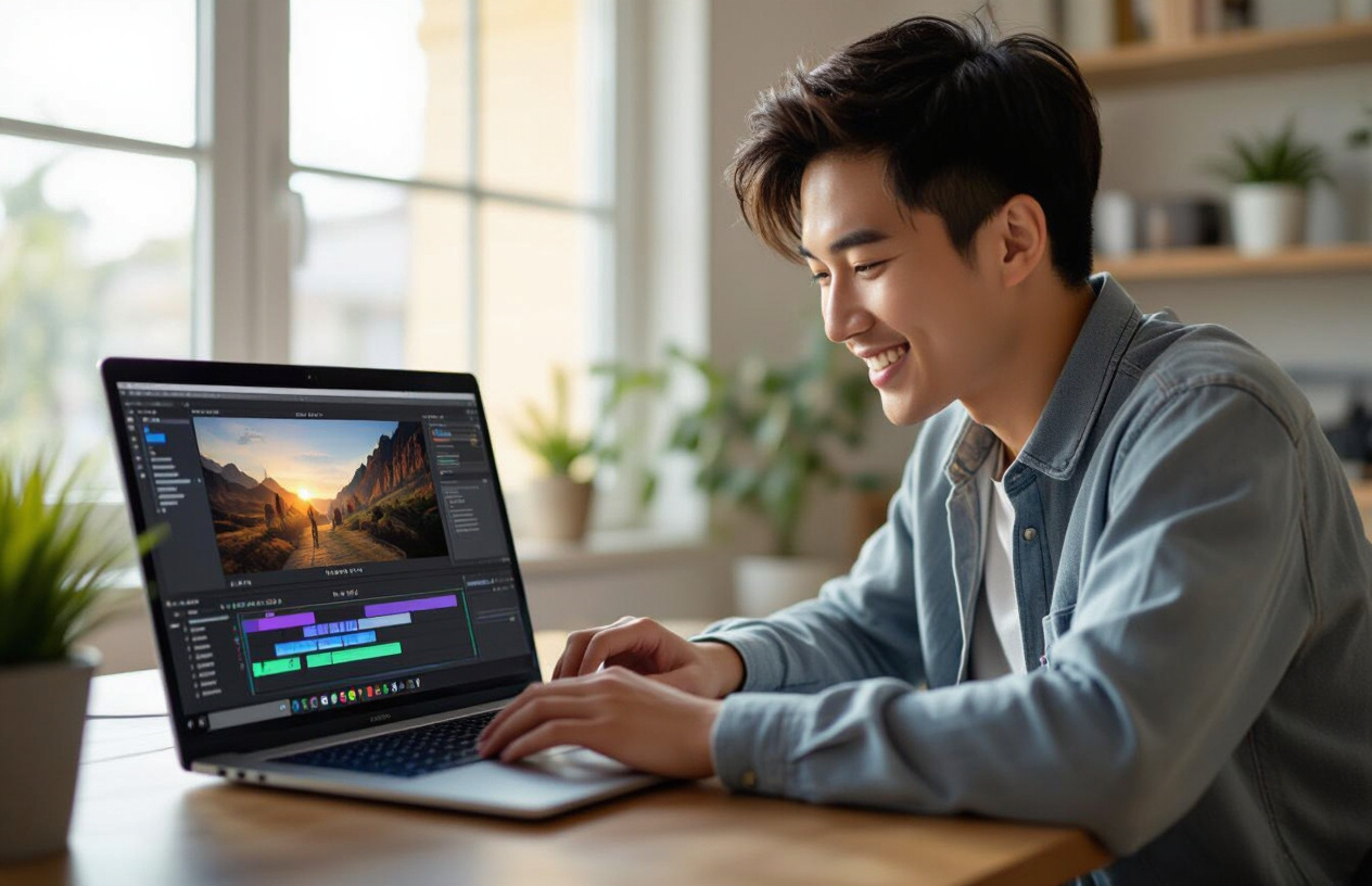 Người Dùng Trẻ Tuổi Việt Nam Đang Sử Dụng Phần Mềm Chỉnh Sửa Video Trên Laptop Hiện Đại.