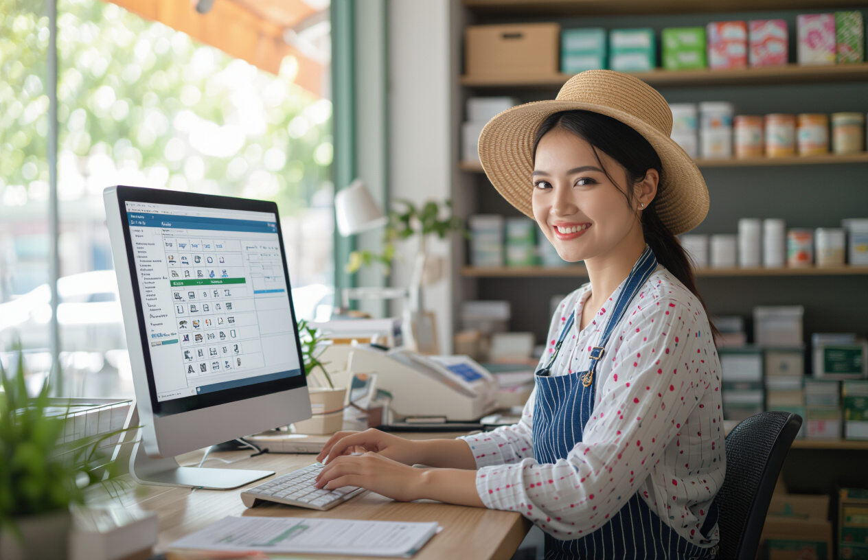 Người Chủ Shop Bến Tre Đang Hài Lòng Với Phần Mềm Quản Lý Bán Hàng Hiệu Quả Trên Máy Tính.