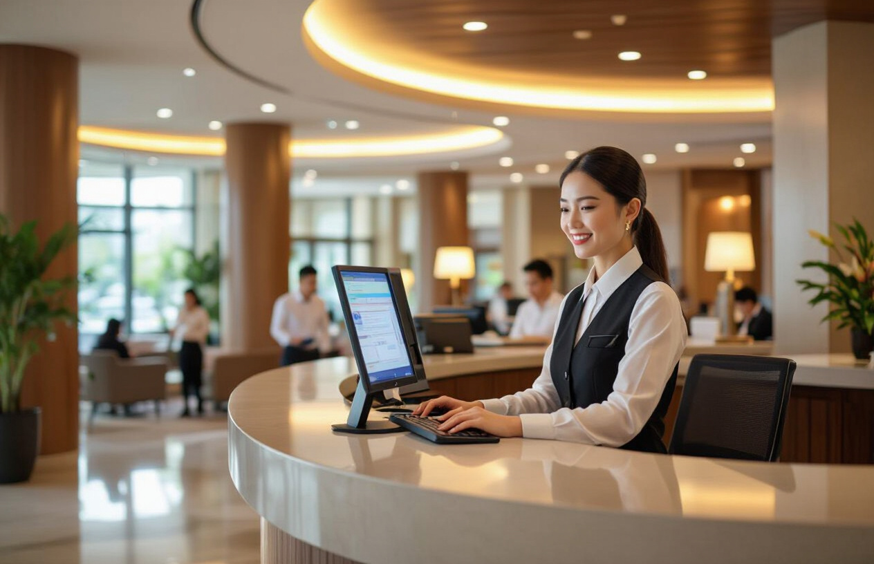 Hệ Thống Máy Tính Và Phần Mềm Pms Hoạt Động Trơn Tru Tại Quầy Lễ Tân Khách Sạn.
