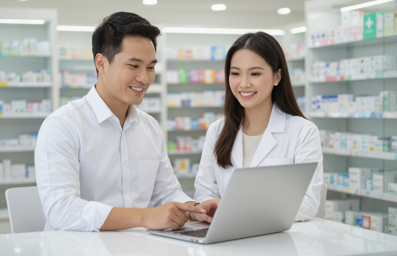 Chuyên Gia Máy Tính Bến Tre Đang Tư Vấn Cài Đặt Phần Mềm Cho Chủ Nhà Thuốc.