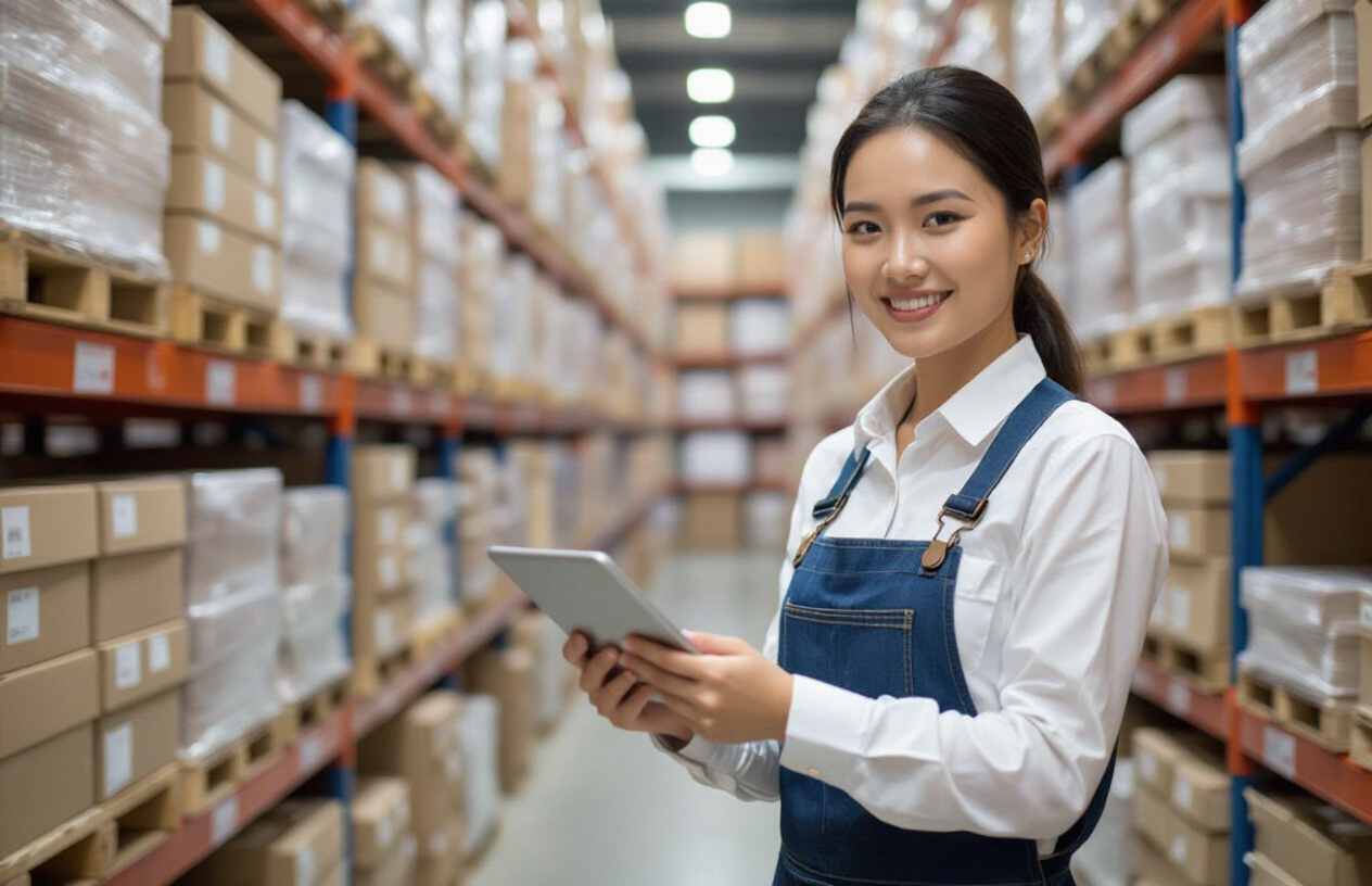 Một Người Phụ Nữ Việt Nam Đang Sử Dụng Thành Thạo Phần Mềm Để Kiểm Tra Tồn Kho Trên Máy Tính Bảng.