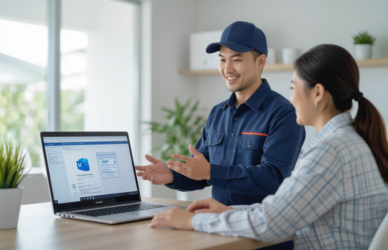 Một Kỹ Thuật Viên Máy Tính Tại Bến Tre Đang Cài Đặt Phần Mềm Microsoft Office Cho Khách Hàng Tại Nhà, Thể Hiện Sự Chuy