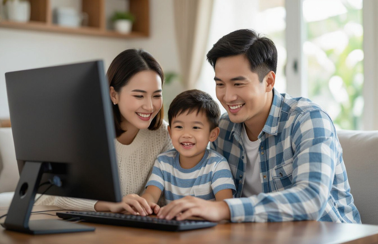 Một Gia Đình Việt Nam Gồm Ba Mẹ Và Con Cái Đang Vui Vẻ Sử Dụng Máy Tính Sau Khi Được Cài Đặt Windows Mới, Thể Hiện Sự