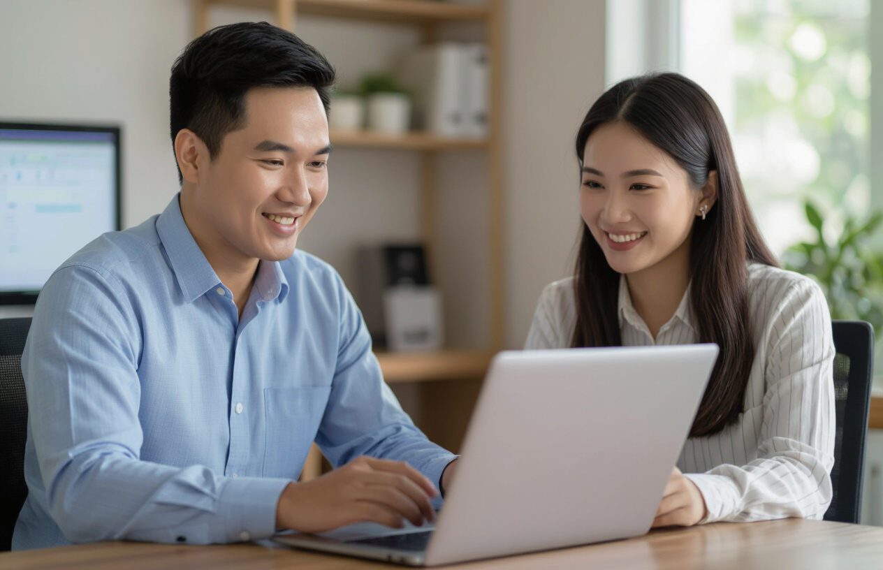 Kỹ Thuật Viên Trẻ Tuổi Người Việt Đang Tận Tình Hướng Dẫn Khách Hàng Cách Sử Dụng Các Tính Năng Cơ Bản Của Windows Sau