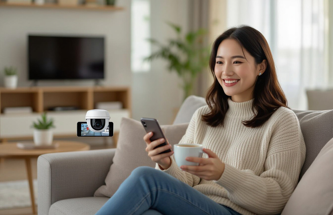 Người Phụ Nữ Việt Nam Đang Xem Camera Giám Sát Từ Xa Trên Điện Thoại