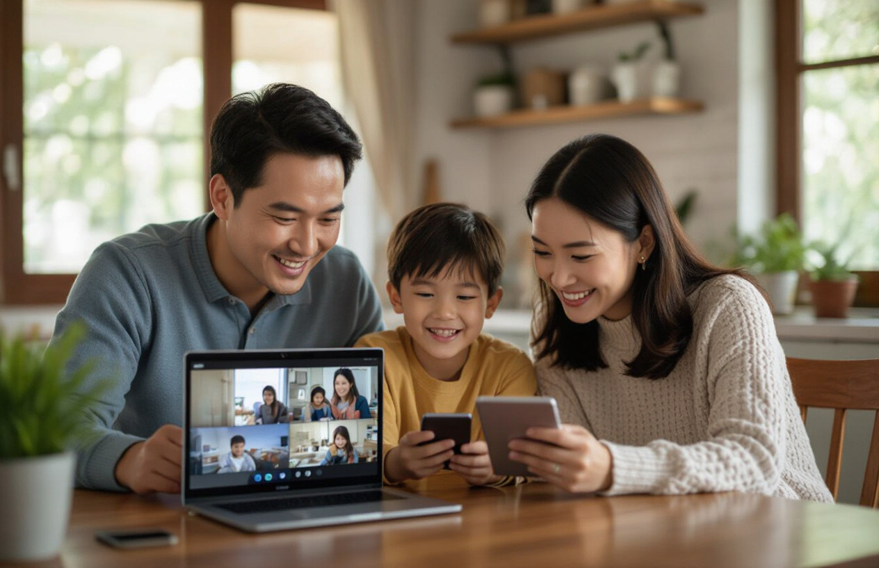 Gia Đình Việt Nam Hạnh Phúc Đang Xem Camera Trên Nhiều Thiết Bị