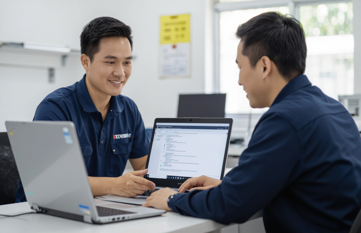 Kỹ Thuật Viên Máy Tính Bến Tre Đang Hỗ Trợ Khách Hàng Kiểm Tra Laptop Gaming.