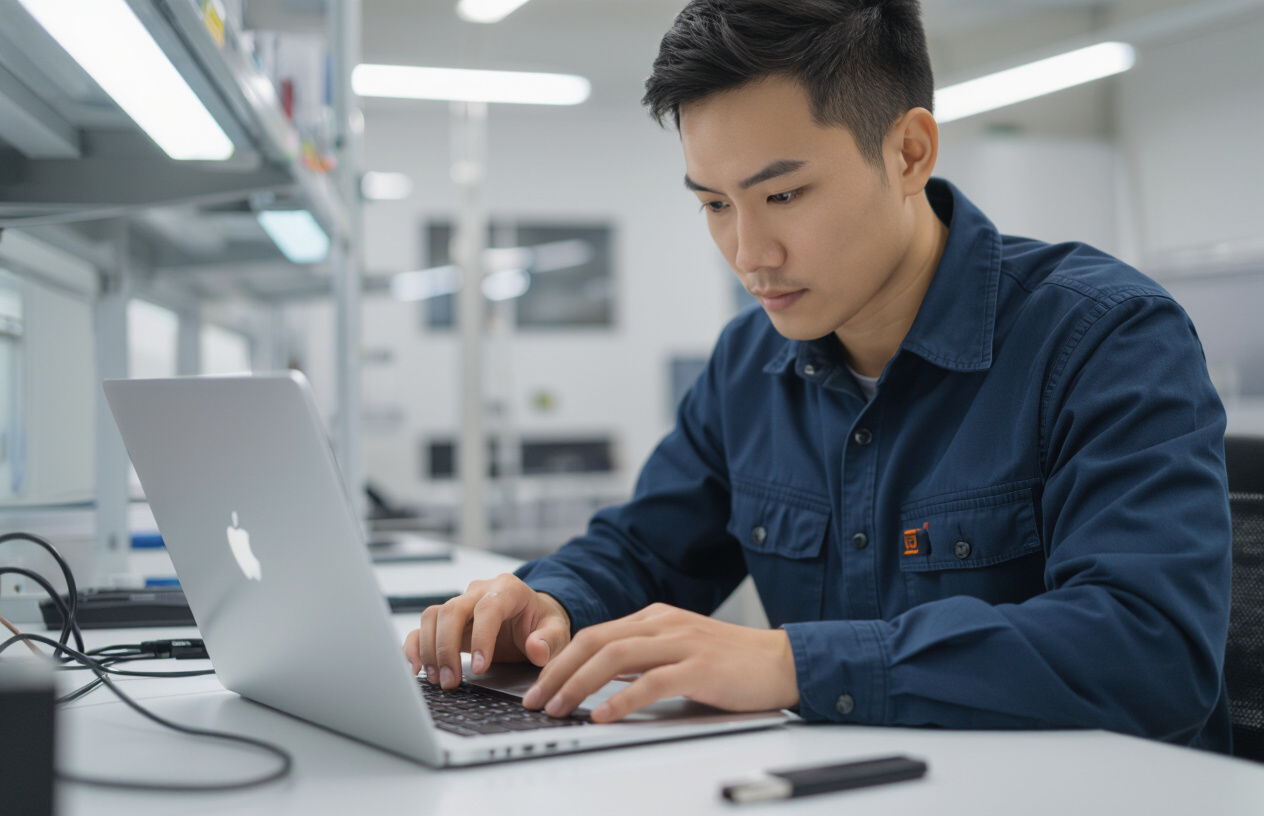 Chuyên Viên Máy Tính Bến Tre Đang Thực Hiện Cài Đặt Lại Macos Trên Macbook, Thể Hiện Sự Chuyên Nghiệp Và Tận Tâm.