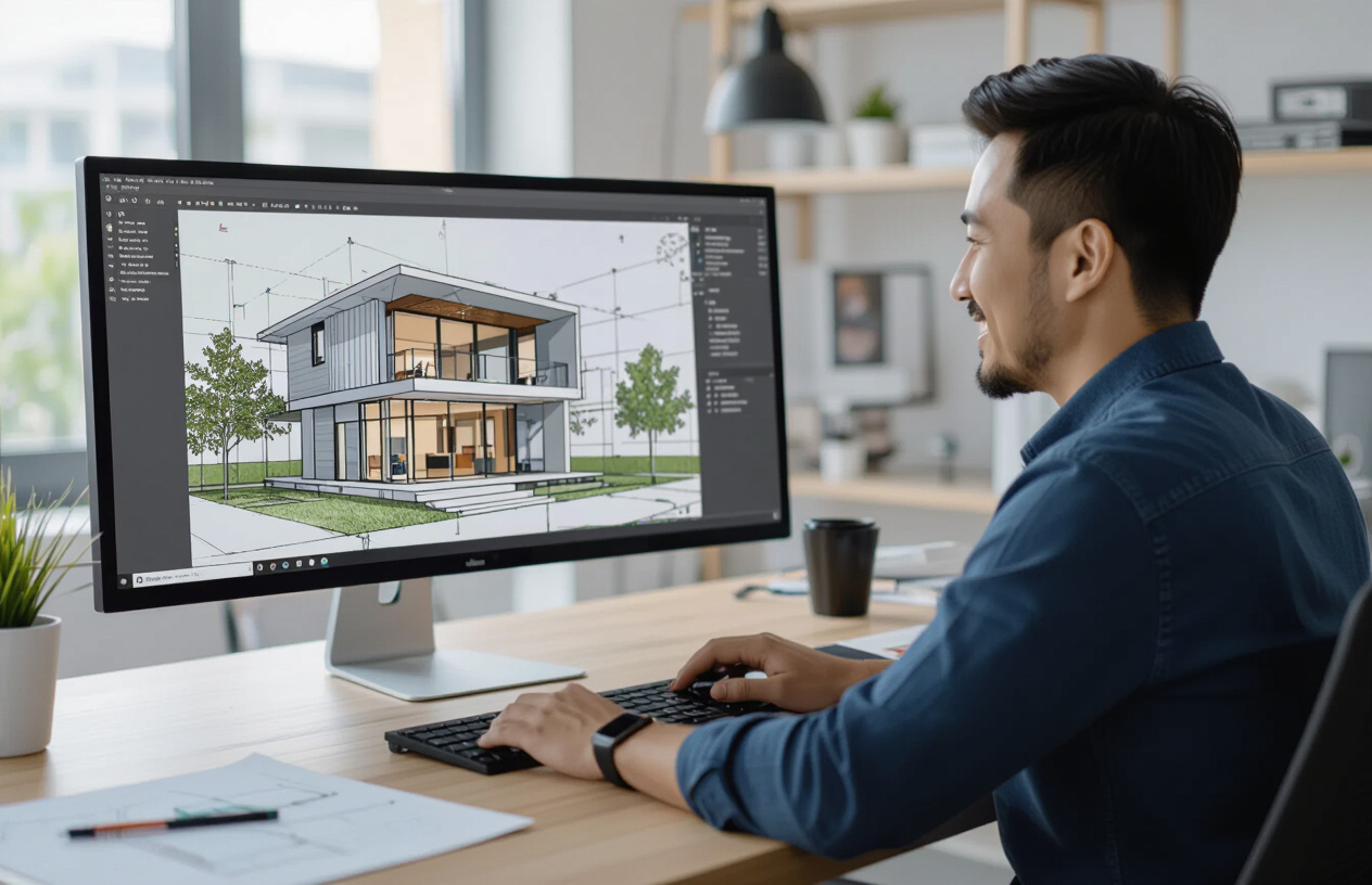 Kiến Trúc Sư Bến Tre Làm Việc Với Sketchup 2023 Trên Máy Tính Để Bàn.