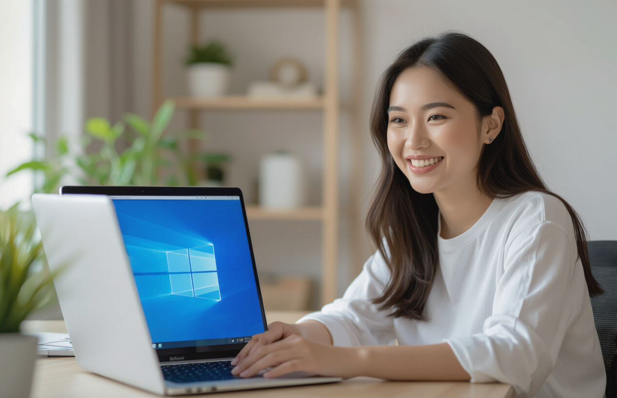 Một Người Phụ Nữ Việt Nam Trẻ Tuổi Mỉm Cười Hài Lòng Bên Chiếc Máy Tính Laptop Đã Được Cài Win Xong, Hoạt Động Mượt Mà