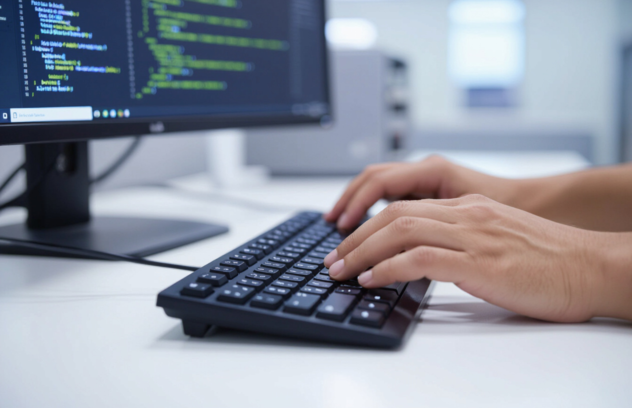 Kỹ Thuật Viên Máy Tính Bến Tre Đang Cài Đặt Windows Server 2022 Cho Máy Chủ Tại Bến Tre, Tay Đặt Trên Bàn Phím, Màn Hì