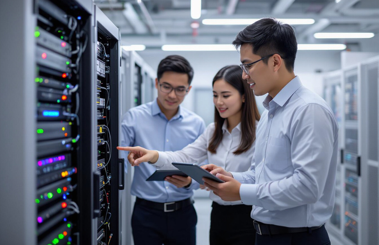 Một Nhóm Kỹ Thuật Viên Người Việt Đang Làm Việc Nhóm Trong Một Phòng Máy Chủ Hiện Đại, Tập Trung Vào Công Việc.