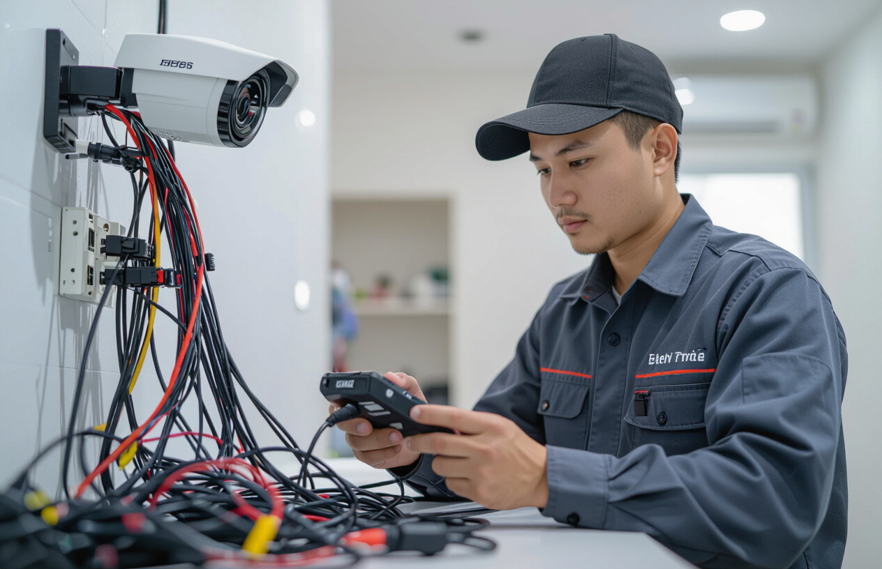 Kỹ Thuật Viên Máy Tính Bến Tre Kiểm Tra Hệ Thống Dây Cáp Camera.