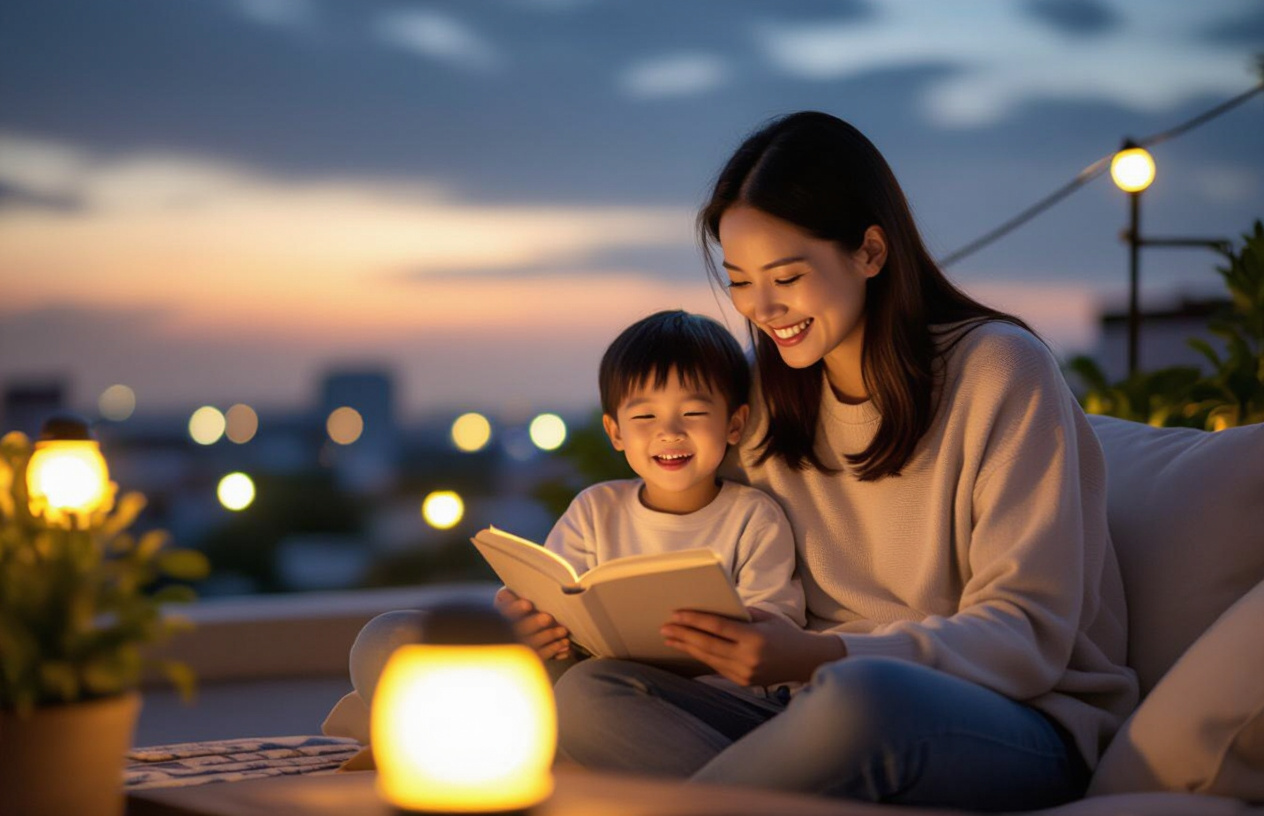 Gia Đình Việt Tận Hưởng Không Gian Sân Thượng Chiếu Sáng Bằng Đèn Năng Lượng