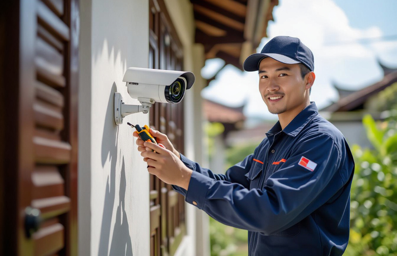 Kỹ Thuật Viên Máy Tính Bến Tre Đang Lắp Đặt Camera An Ninh Chuyên Nghiệp Tại Một Ngôi Nhà Ở Thạnh Phú, Bến Tre.