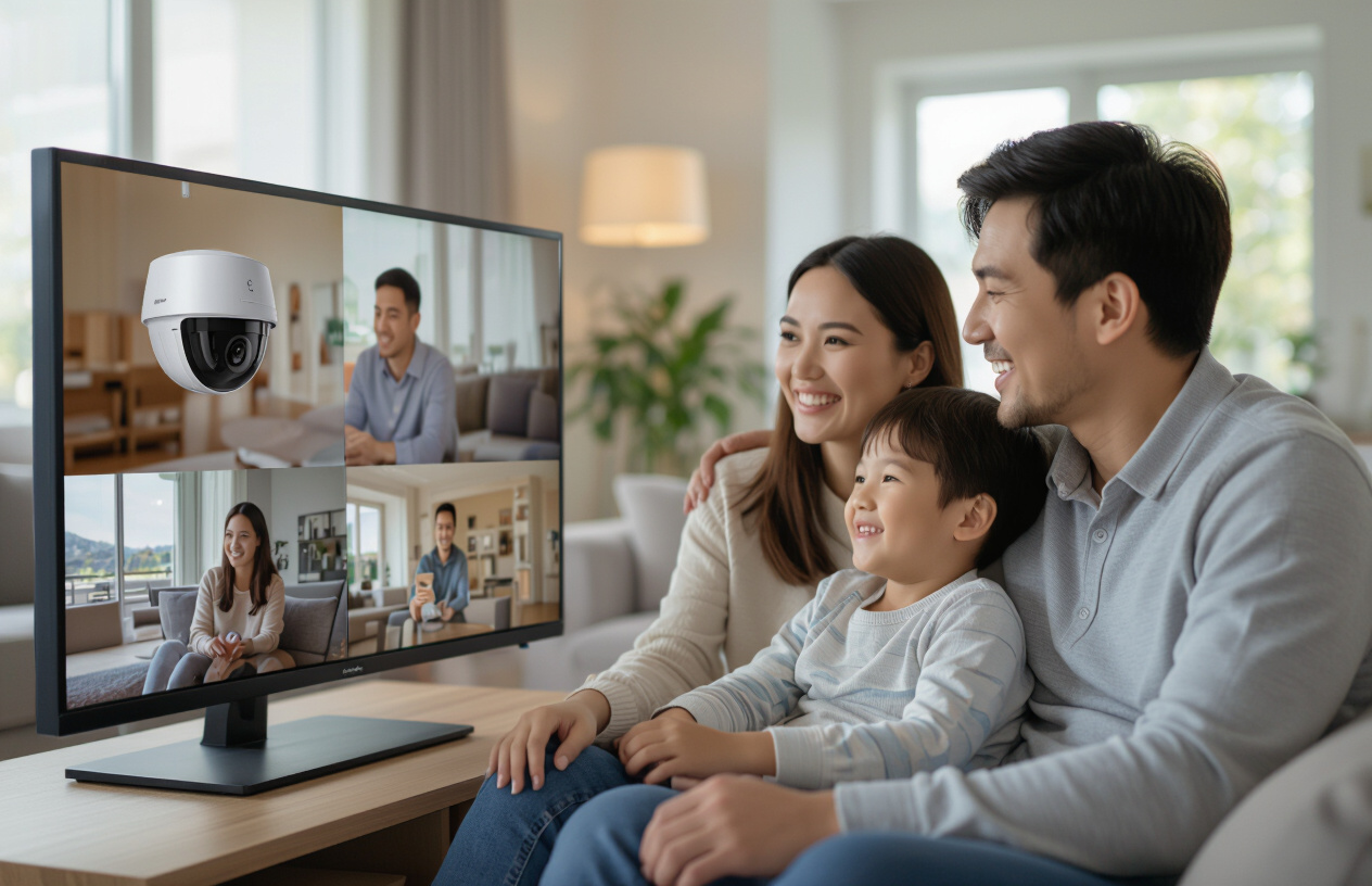 Gia Đình Việt Nam Vui Vẻ, An Tâm Quan Sát Hình Ảnh Trên Màn Hình Giám Sát Camera Sau Khi Được Máy Tính Bến Tre Lắp Đặt