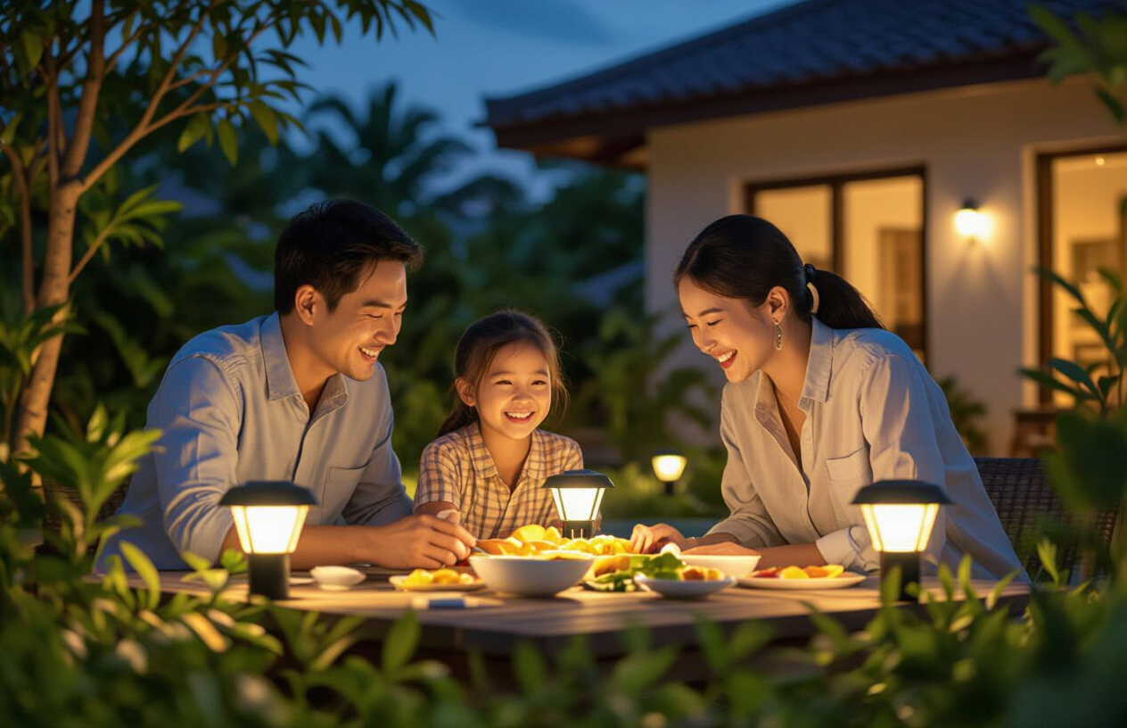 Sân Vườn Bến Tre Sáng Bừng Với Đèn Năng Lượng Mặt Trời
