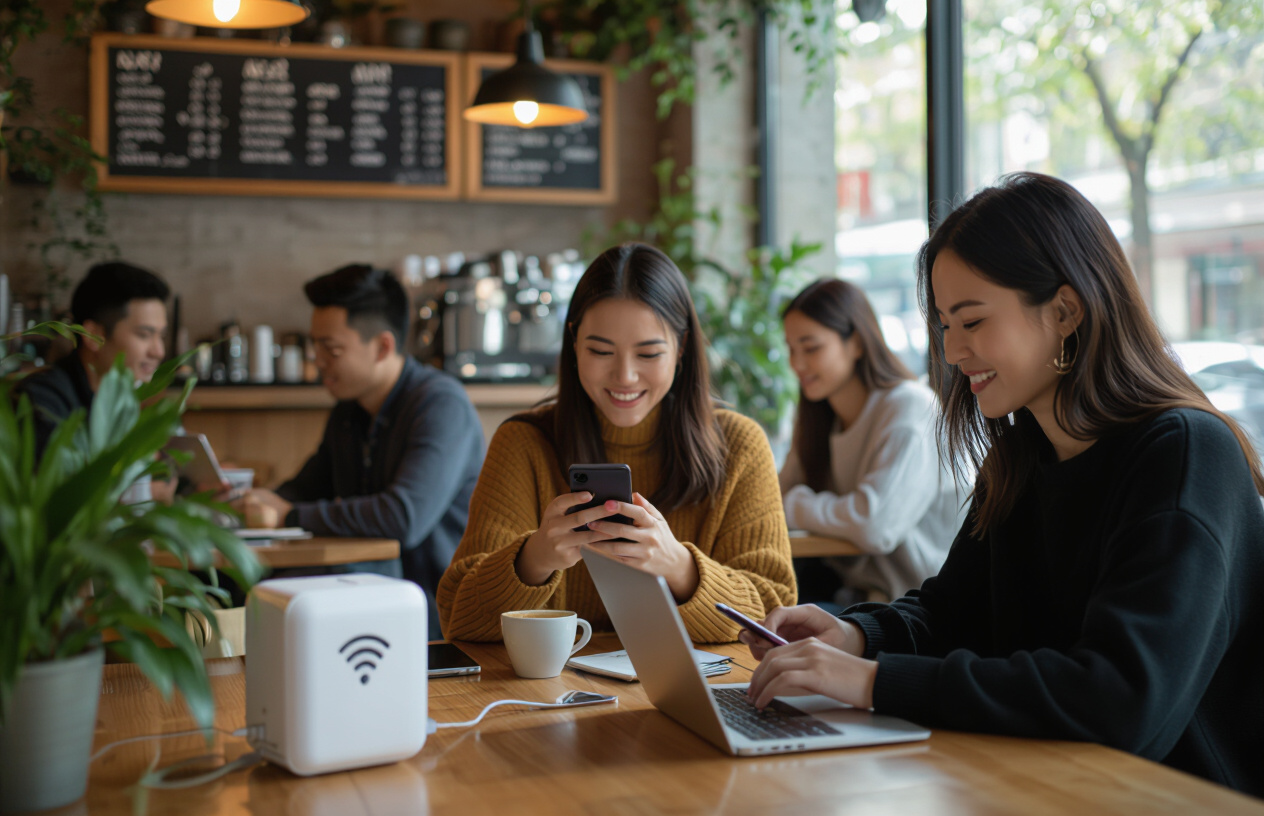 Hệ Thống Wifi Marketing Hoạt Động Trơn Tru Trong Quán Cafe Hiện Đại, Khách Hàng Vui Vẻ Sử Dụng Điện Thoại.