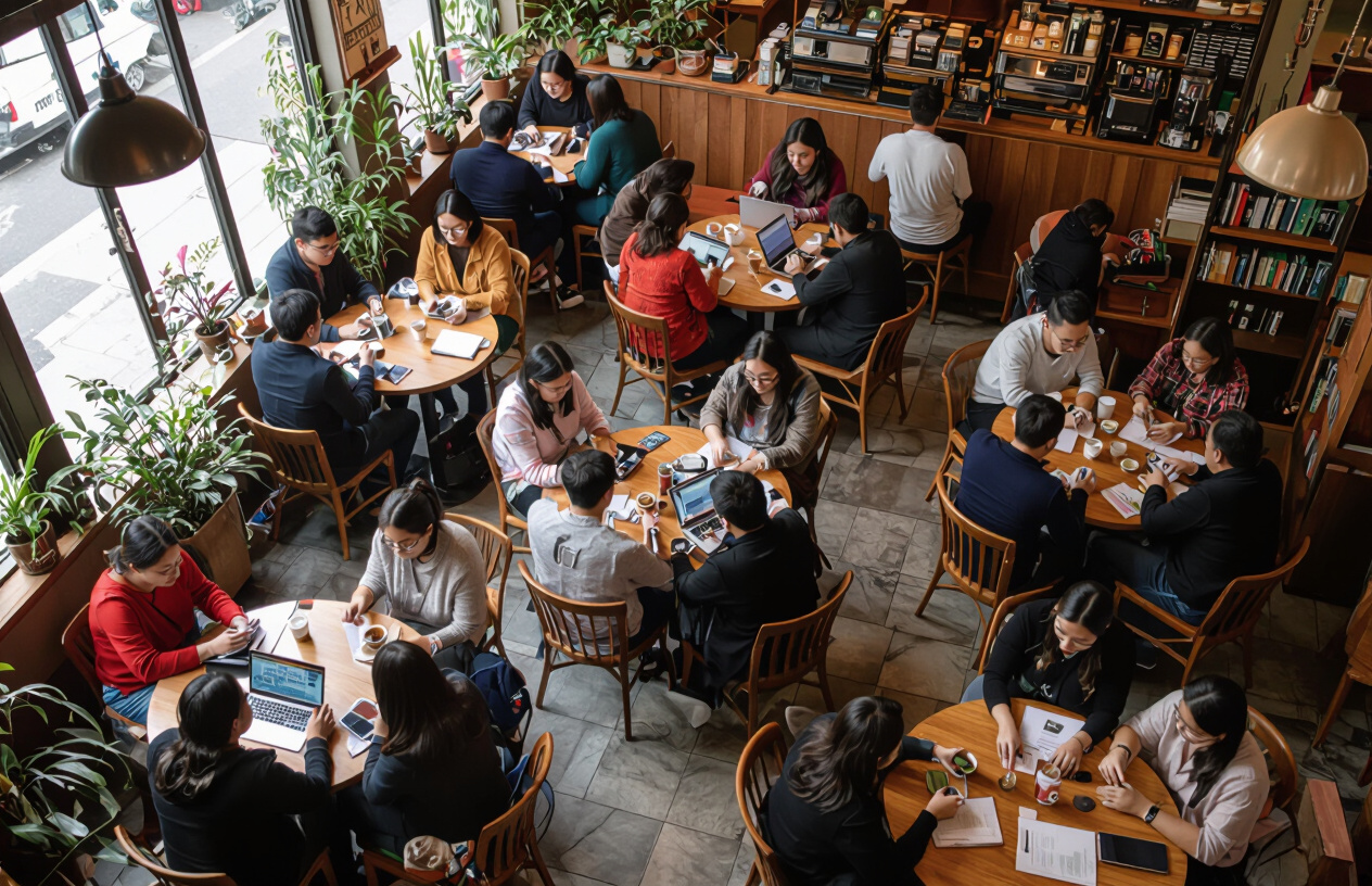 Quán Cafe Đông Đúc Khách Hàng Đang Làm Việc Và Giải Trí Trên Laptop, Điện Thoại Nhờ Kết Nối Wifi Ổn Định.