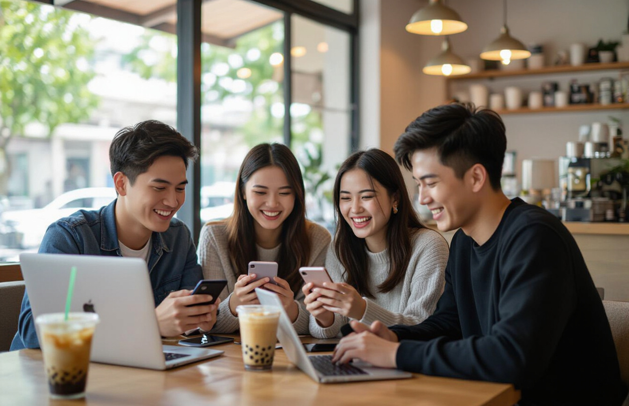 Khách Hàng Vui Vẻ Sử Dụng Wi-Fi Tốc Độ Cao Tại Quán Trà Sữa Ở Bến Tre.