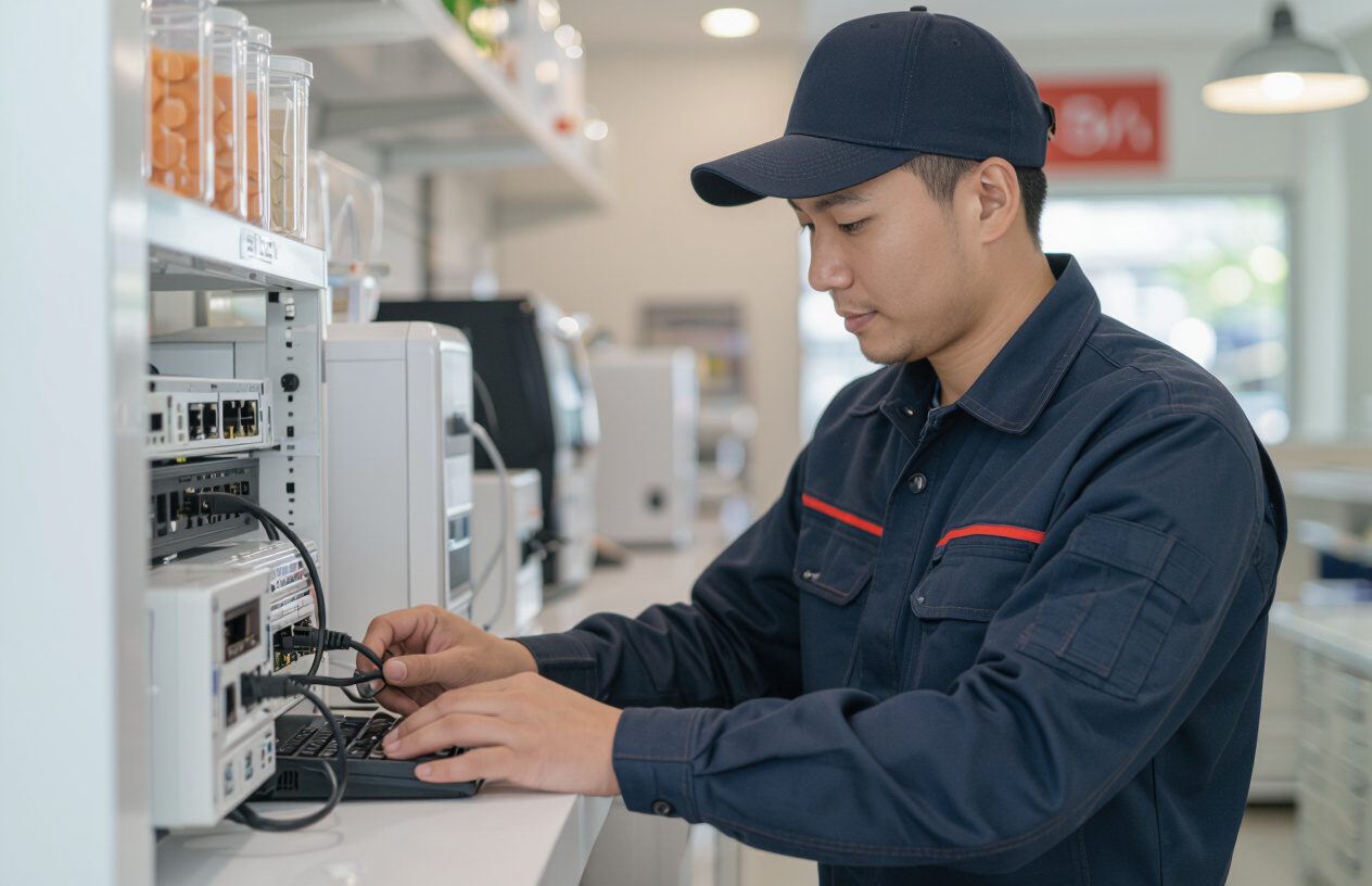 Kỹ Thuật Viên Máy Tính Bến Tre Đang Cài Đặt Hệ Thống Wifi Marketing Chuyên Nghiệp.