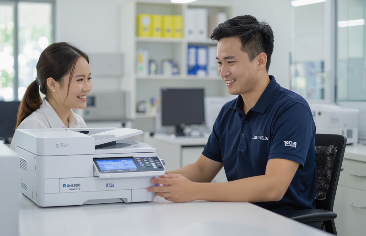 Nhân Viên Máy Tính Bến Tre Hỗ Trợ Khách Hàng Sử Dụng Máy Photocopy Ricoh Hiện Đại.