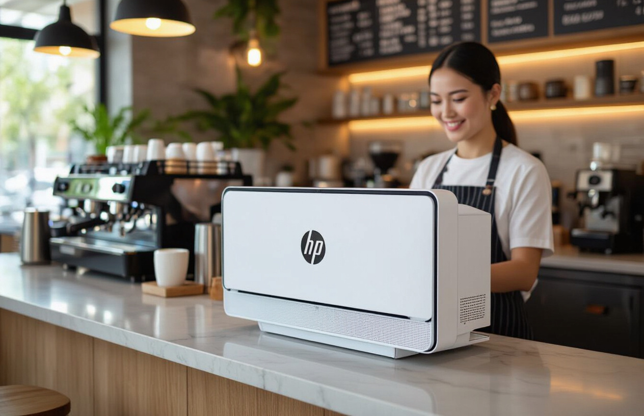 Máy Tính All-In-One Hp Được Tích Hợp Gọn Gàng Trong Không Gian Quầy Pha Chế Của Quán Cà Phê Hiện Đại.