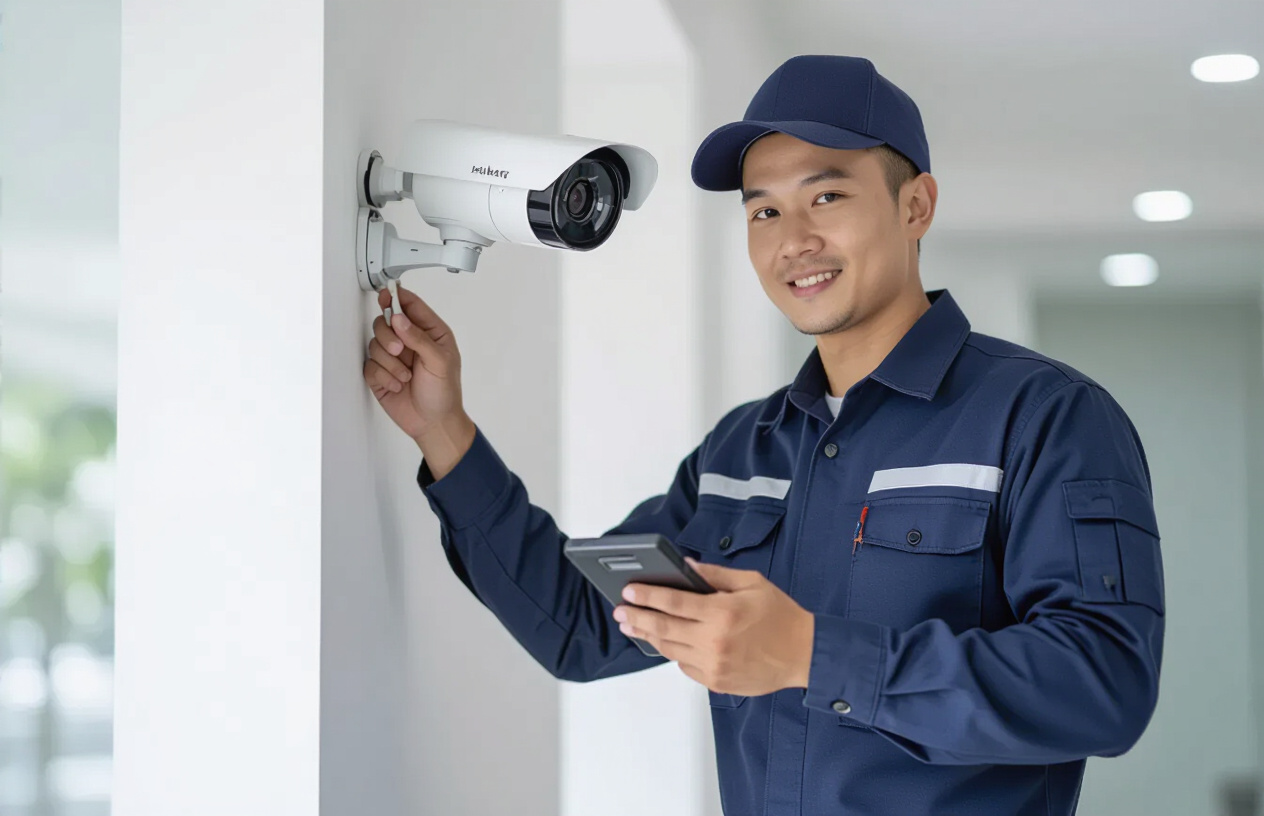 Kỹ Thuật Viên Máy Tính Bến Tre Đang Kiểm Tra Hệ Thống Camera An Ninh Cho Khách Hàng.