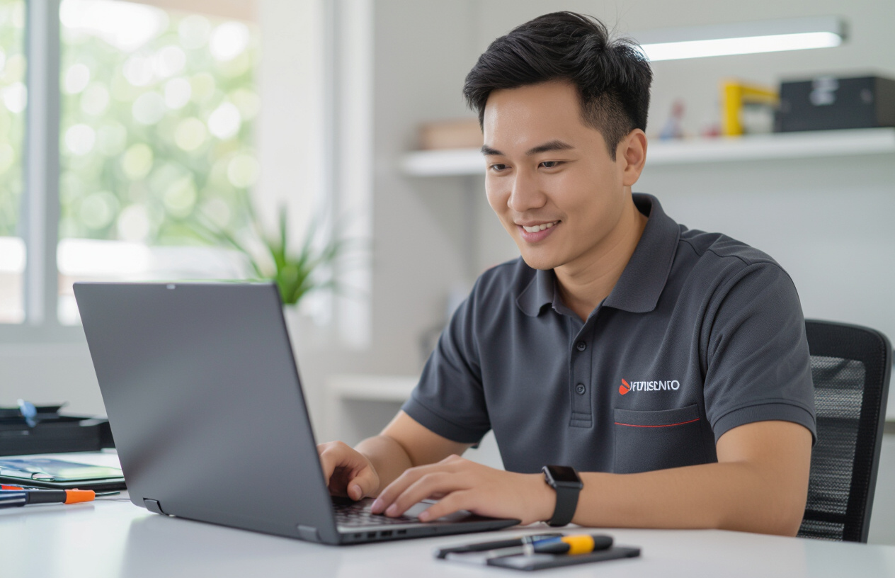 Kỹ Thuật Viên Máy Tính Bến Tre Đang Kiểm Tra Laptop Một Cách Chuyên Nghiệp Tại Tân Xuân.