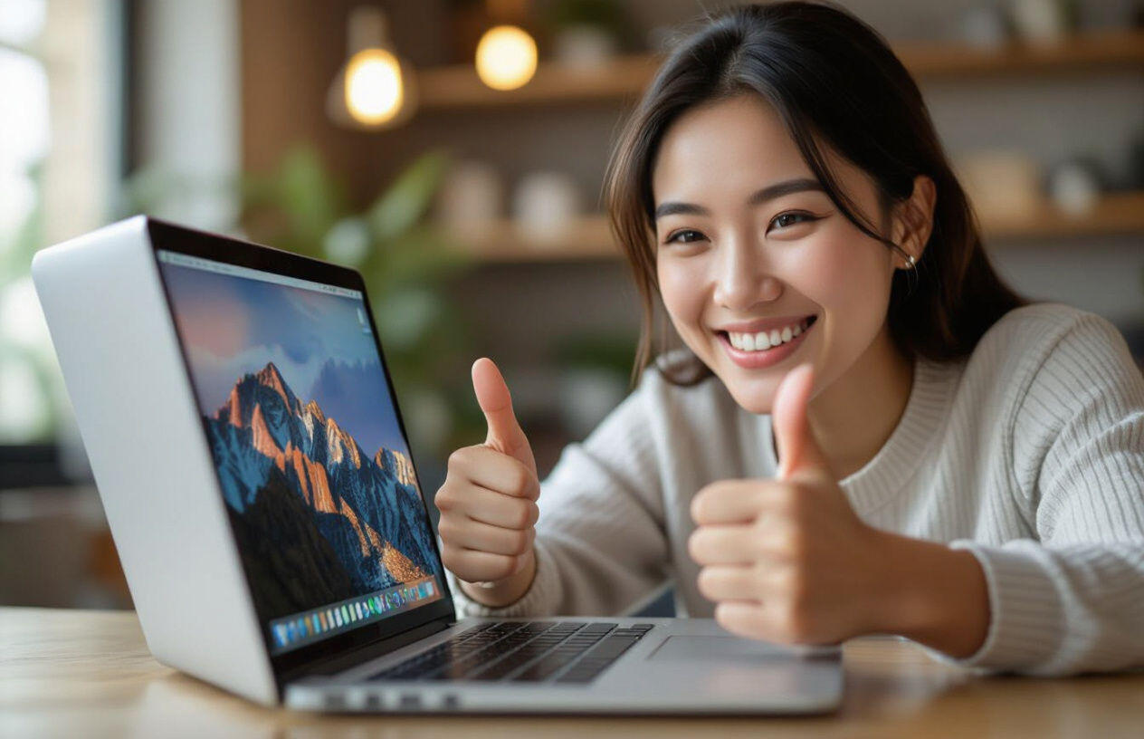 Khách Hàng Hài Lòng, Mỉm Cười Khi Máy Tính Đã Được Sửa Chữa Hoạt Động Bình Thường, Thể Hiện Sự Tin Tưởng Vào Dịch Vụ.