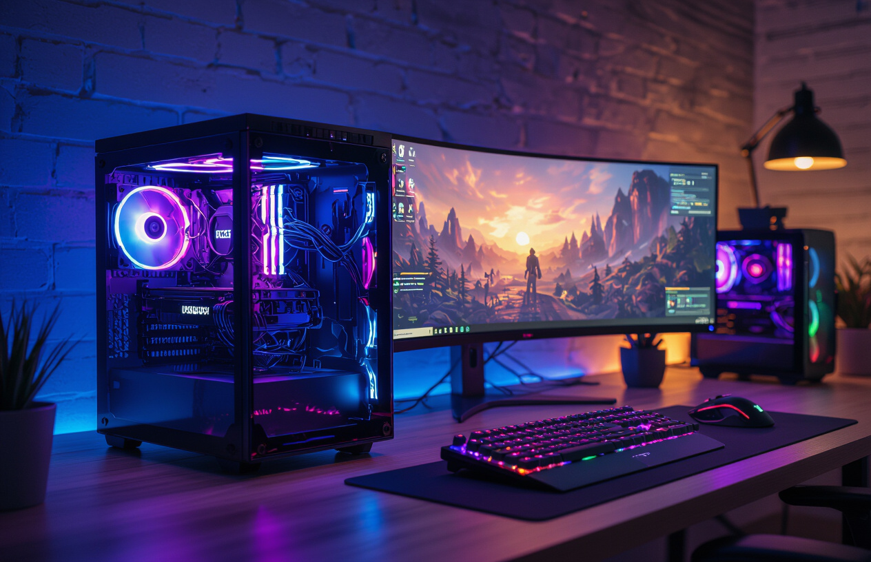 Hình Ảnh Một Dàn Pc Gaming Mạnh Mẽ, Hiện Đại Với Ánh Sáng Rgb Rực Rỡ