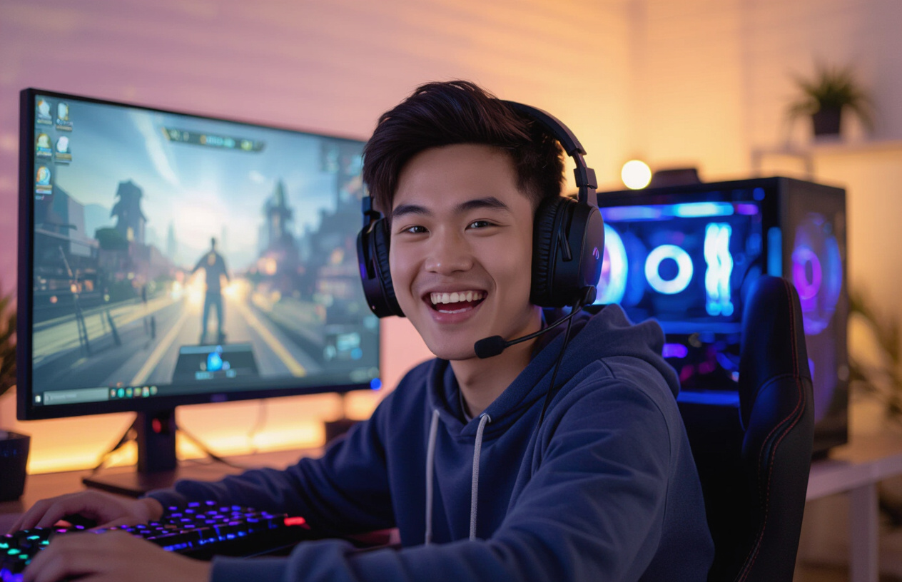 Một Game Thủ Việt Nam Trẻ Tuổi Vui Vẻ Chơi Game Trên Pc Sau Khi Được Sửa Chữa