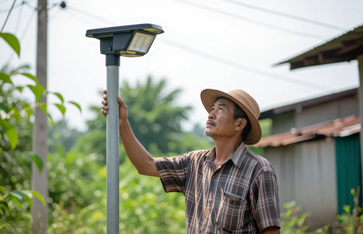 Người Dân Bến Tre Đang Kiểm Tra Đèn Năng Lượng Mặt Trời Bị Hỏng Với Vẻ Mặt Lo Lắng.