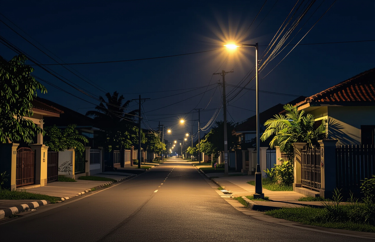 Đèn Năng Lượng Mặt Trời Đã Hoạt Động Trở Lại, Chiếu Sáng Rực Rỡ Một Con Đường Ở Bến Tre Vào Buổi Tối.