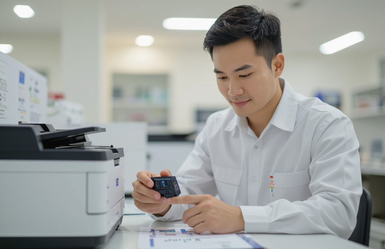 Thợ Sửa Chữa Máy In Đang Kiểm Tra Lỗi Chip Của Hộp Mực In Tại Xã Giao Long, Châu Thành, Bến Tre