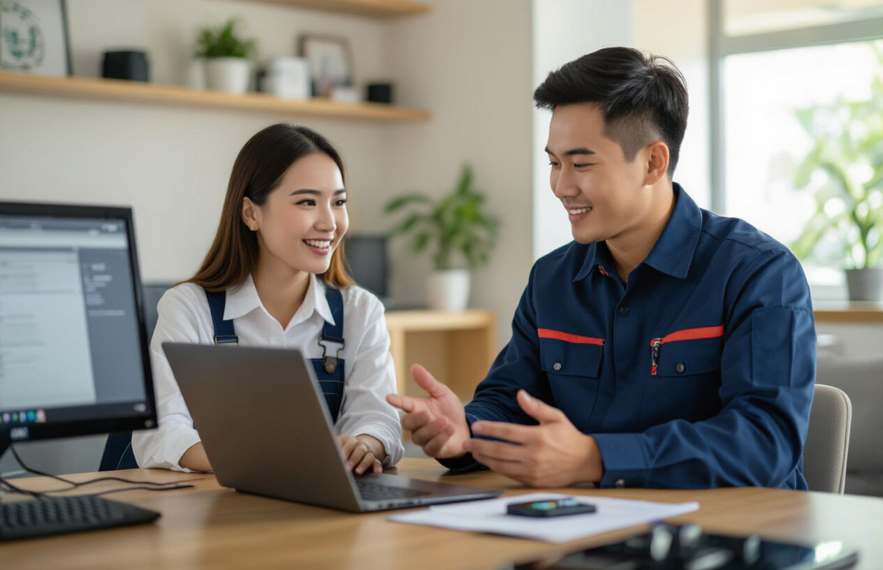 Một Kỹ Thuật Viên Máy Tính Bến Tre Đang Tư Vấn Cho Khách Hàng Về Dịch Vụ Sửa Chữa Máy In Tại Nhà