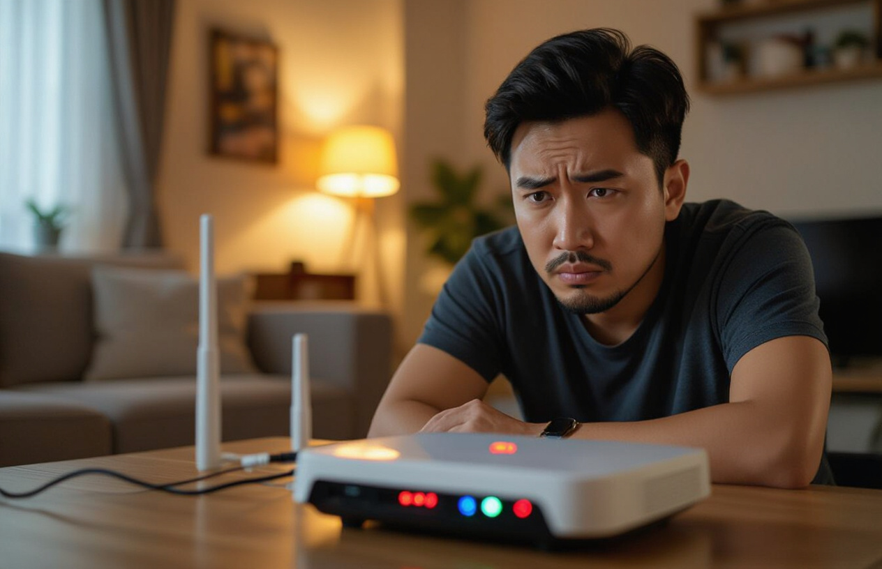Một Người Đàn Ông Việt Nam Đang Cau Mày Nhìn Vào Modem Wifi Bị Lỗi.