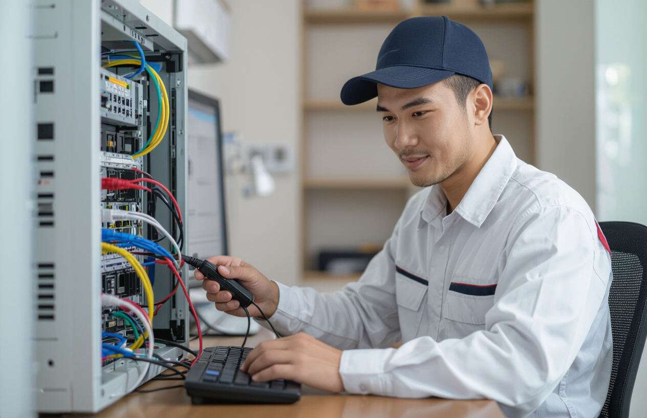 Kỹ Thuật Viên Máy Tính Bến Tre Đang Kiểm Tra Đường Dây Mạng Tại Nhà Khách Hàng Ở Bến Tre.